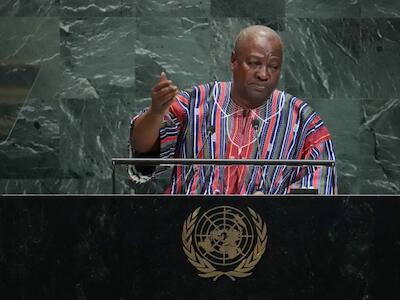 O presidente de Gana, John Dramani Mahama, durante o Debate Geral da Assembleia Geral das Nações Unidas, em Nova Iorque, no dia 25 de setembro de 2025. Foto: Reprodução/Timothy A. Clary/AFP