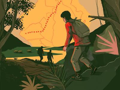  CAMINO. Comunidades asháninkas identificaron una de las rutas de mayor tránsito de mochileros para el traslado de droga en la selva central. Ilustración: OjoPúblico / Jhafet Ruiz 