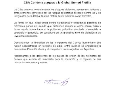 CSA Condena ataques a la Global Sumud Flotilla