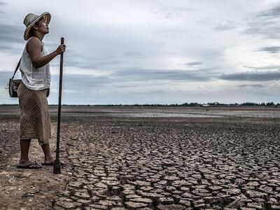 © Adobe Stock/Johnstocker Una mujer permanece de pie, sosteniendo un palo, en un vasto campo de tierra agrietada y seca.