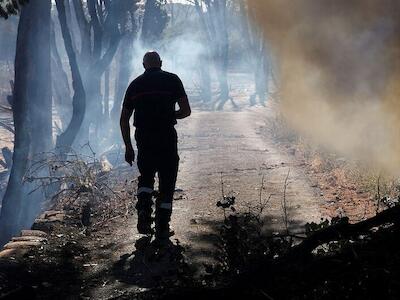 © Adobe Stock/Arafat Un bombero inspecciona los restos humeantes de un incendio forestal en el sur de Francia.