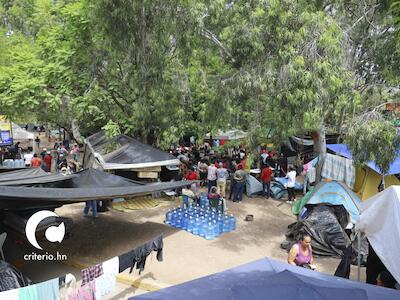 El campamento Bertha Cáceres, frente a la Corte Suprema de Justicia, está quedando chico ante la presencia de los pueblos garífunas aglutinados en la OFRANEH y ahora acompañados por el pueblo lenca del COPINH y los campesinos del Aguán que se han sumado a la lucha contra la Ley de la Agroindustria y la exigencia para anular juicio contra los garífunas de San Juan, Tela. Foto: Jorge Burgos/Criterio.hn