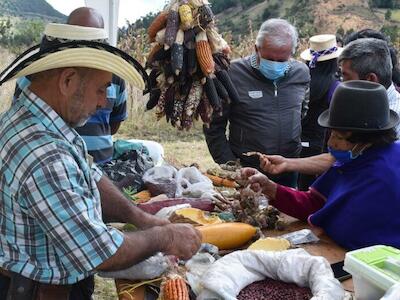 Hombres y mujeres intercambian semillas en Silvia (Cauca). Foto de Giovanna Landazabal.