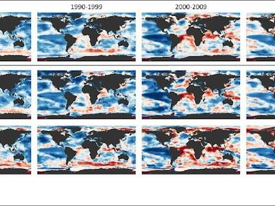 Doze mapas globais, cada um representando uma década desde 1980, mostram como a frequência de calor extremo cresceu nos últimos anos, entre janeiro e março e entre julho e setembro (Crédito: Tanaka et al., 2022, disponível aqui. Foto: Reprodução | EcoDebate)