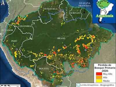 Mapa Base. Hotspots de pérdida de bosque en la Amazonía 2020. Datos: Hansen/UMD/Google/USGS/NASA, RAISG, MAAP. Las letras A-E corresponden a las imágenes con acercamiento, abajo.