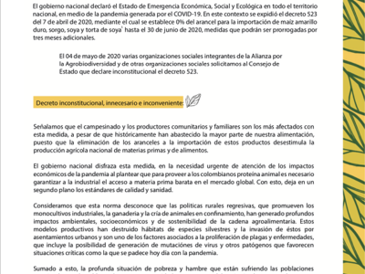 Comunicado de diversas organizaciones sociales de Colombia sobre el Decreto 523