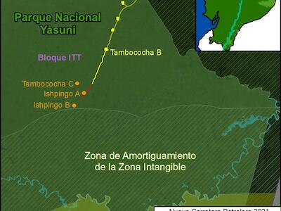 Mapa Base. La extensión de la vía de acceso (en rojo) se acerca a las plataformas planificadas dentro del campo Ishpingo y a la Zona Intangible. Datos: ACA/MAAP.