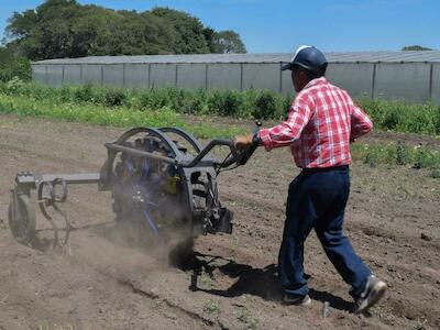 Tractor multiuso "Chango", diseñado por CIPAF, en pruebas con la Organizción 1610 de Florencio Varela. Foto: Noelia López