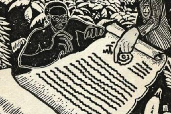 Esta ilustración fue creada por miembros del departamento artístico de Tricontinental para el dossier nº 88: El pacto con el diablo de África con el Fondo Monetario Internacional. La obra ilustra el pacto con el diablo al  que se ven obligados todos los países africanos, y los costes que supone para su soberanía financiera, industrial, agrícola y política.