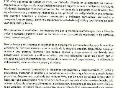 COMUNICADO PÚBLICO A 50 AÑOS DEL GOLPE DE ESTADO EN CHILE