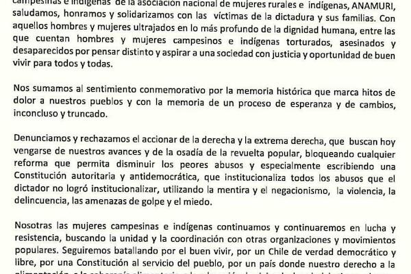 COMUNICADO PÚBLICO A 50 AÑOS DEL GOLPE DE ESTADO EN CHILE