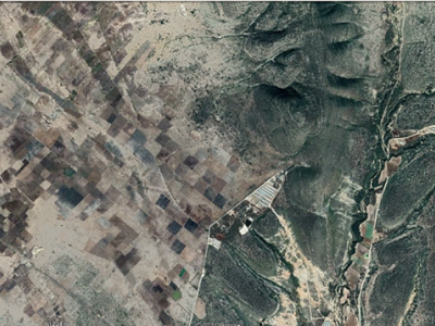 Contraste entre los nuevos terrenos deforestados para la siembra de agave (izquierda) y el estado silvestre de los ecosistemas (derecha) en San Martin Atexcal Puebla.