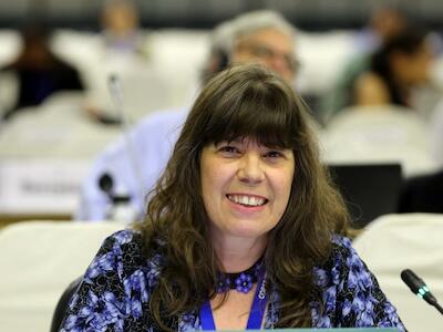 Silvia Ribeiro en la cumbre sobre cambio climático. Imagen: Francis Dejon